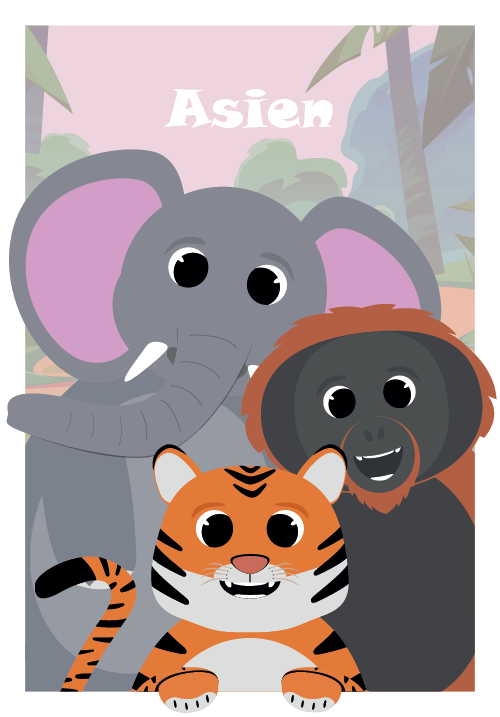 Asien plakat, traditionelle dyr og naturbaggrund fra Asien, dekoration til børneværelset