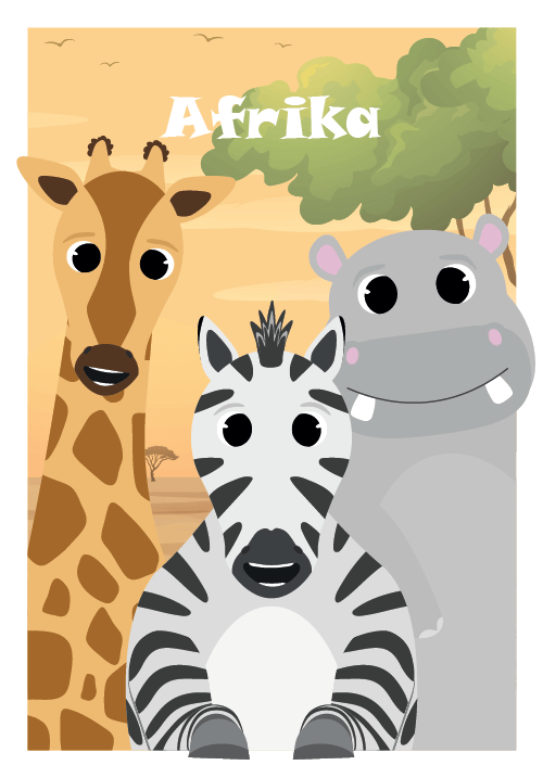 Afrika plakat, grafisk børneplakat med tre safari-dyr og varme farver til børneværelset