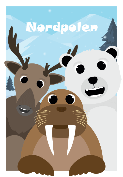 Nordpolen plakat med polardyr og vinterbaggrund til dekoration af børneværelset