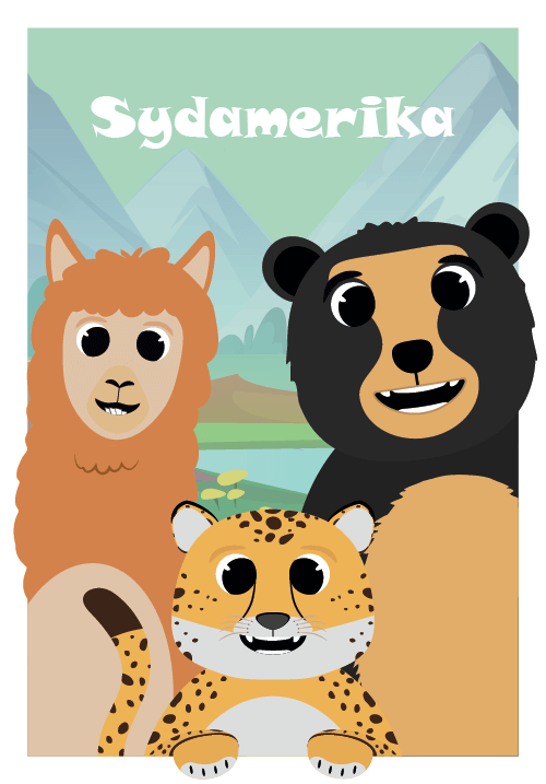 Sydamerika plakat, grafiske motiver af eksotiske dyr og natur fra Sydamerika