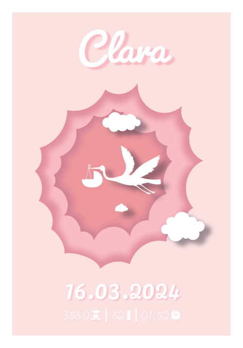 stork fødselstavle - stork med tekst om babyen ved fødslen