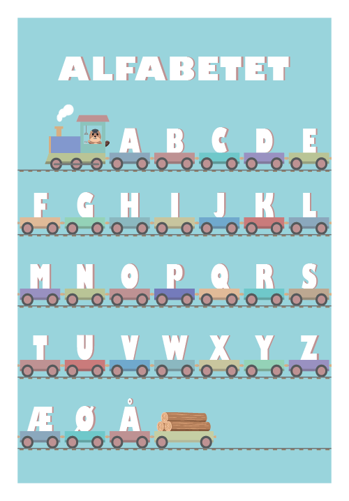 Alfabetplakat med tog-motiver til drenge – dekoration til børneværelset