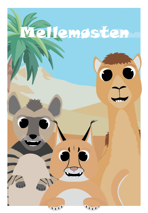 Plakat med dyr fra Mellemøsten, grafisk og farverigt motiv