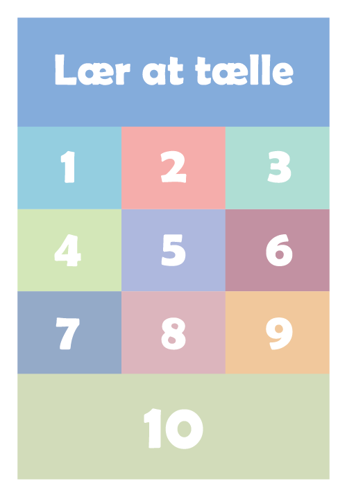 Grafisk talplakat for børn, lær at tælle fra 1 til 10