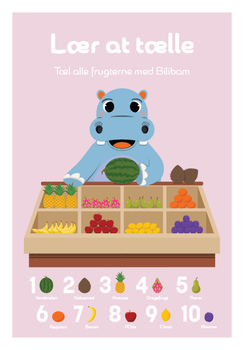 Talplakat med frugter, lær at tælle til 10 med sjove frugt motiver