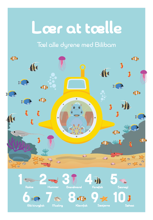 Talplakat med havdyr, lær at tælle fisk fra 1 til 10