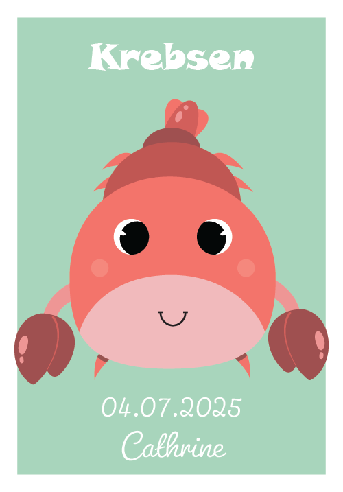 Krebsen stjernetegn plakat med Krebs-figur, navn og fødselsdato