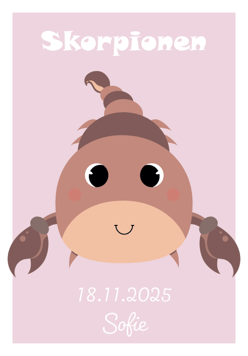 Skorpionen stjernetegn plakat med Skorpion-figur, navn og fødselsdato