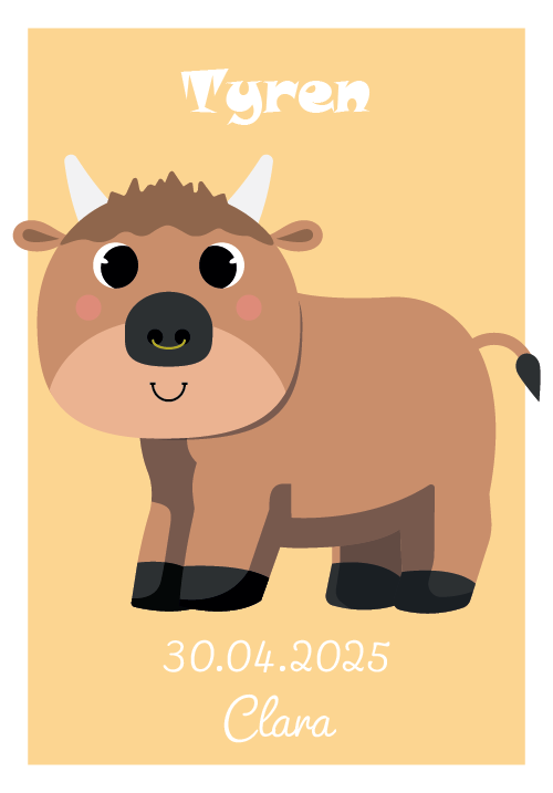 Tyren stjernetegn plakat med Tyr-figur, navn og fødselsdato
