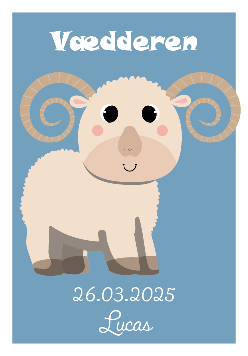 Vædderen stjernetegn plakat med Vædder-figur, navn og fødselsdato