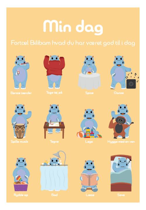 Personlig dagplakat for børn med visuelle rutiner og piktogrammer i roligt nordisk design fra Bilibam.