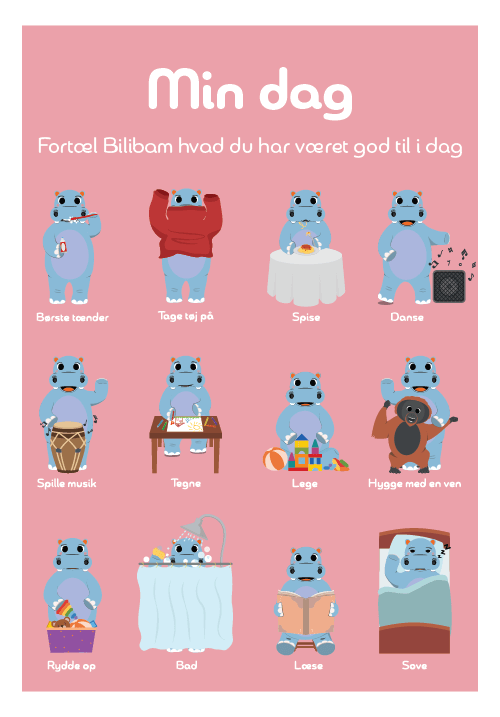 Personlig dagplakat for børn med visuelle rutiner og piktogrammer i roligt nordisk design fra Bilibam.