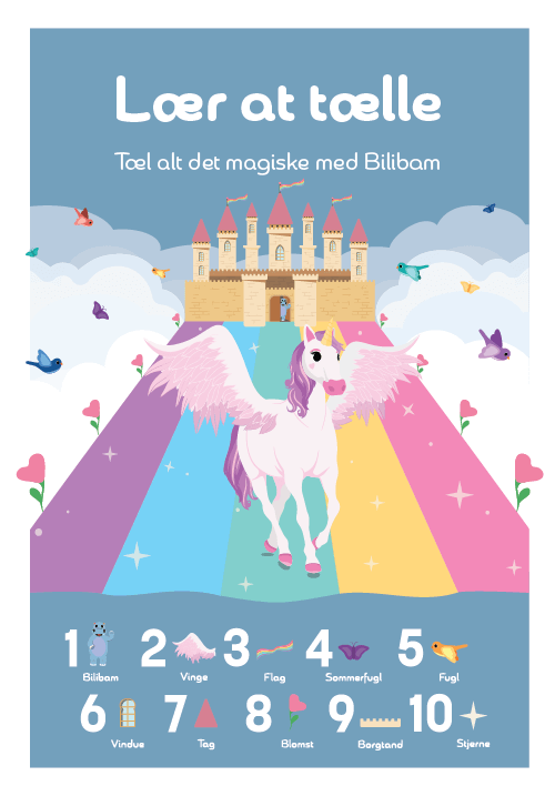 Talplakat med enhjørning til børn, lær at tælle fra 1 til 10 med farverige figurer, slot, regnbue og magiske detaljer